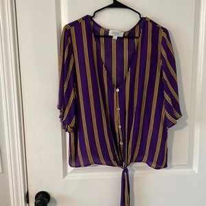 Peach Love, purple and gold front tie top